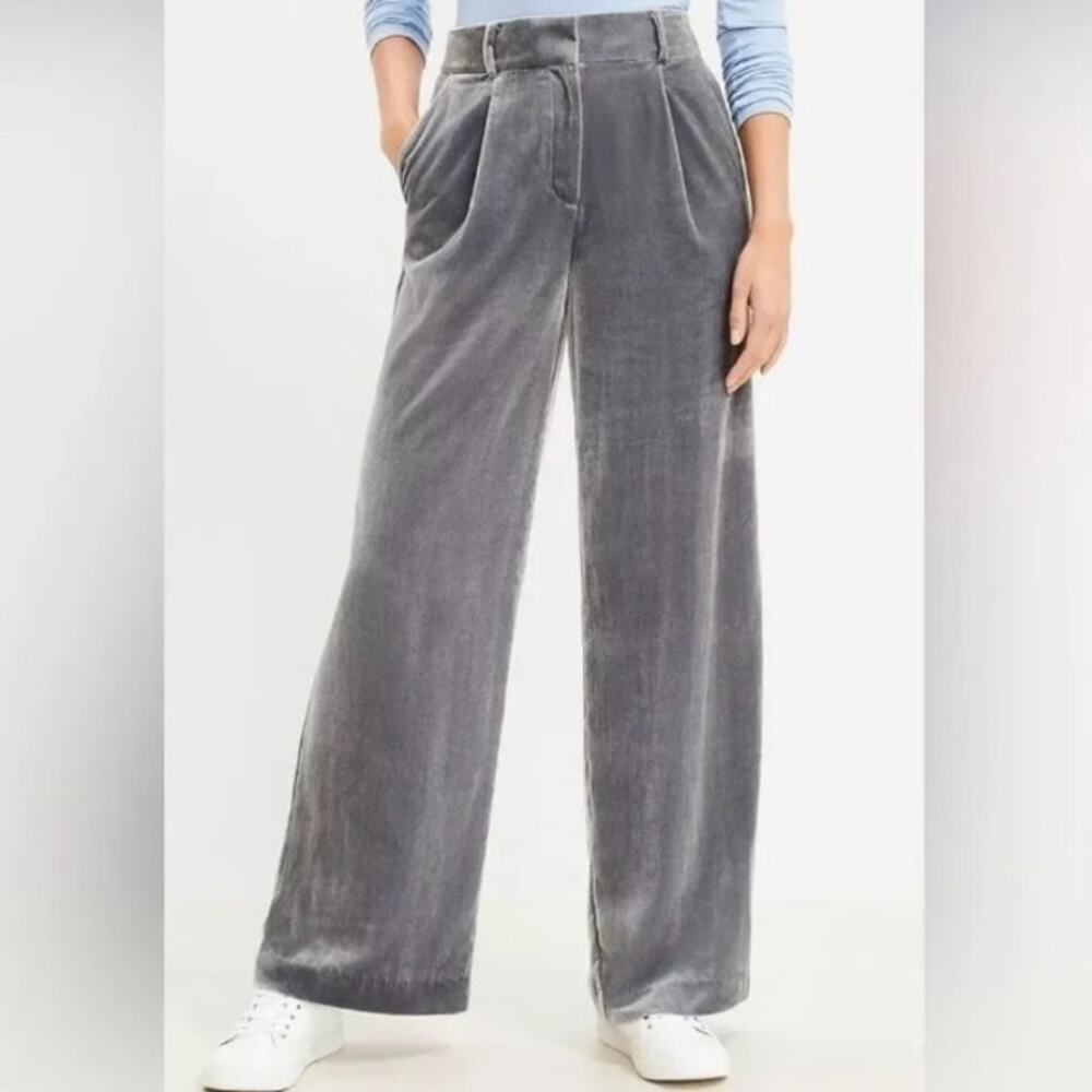 LOFT payton Wide Leg Velvet Pants Silver Gray size 12 high rise business casual
